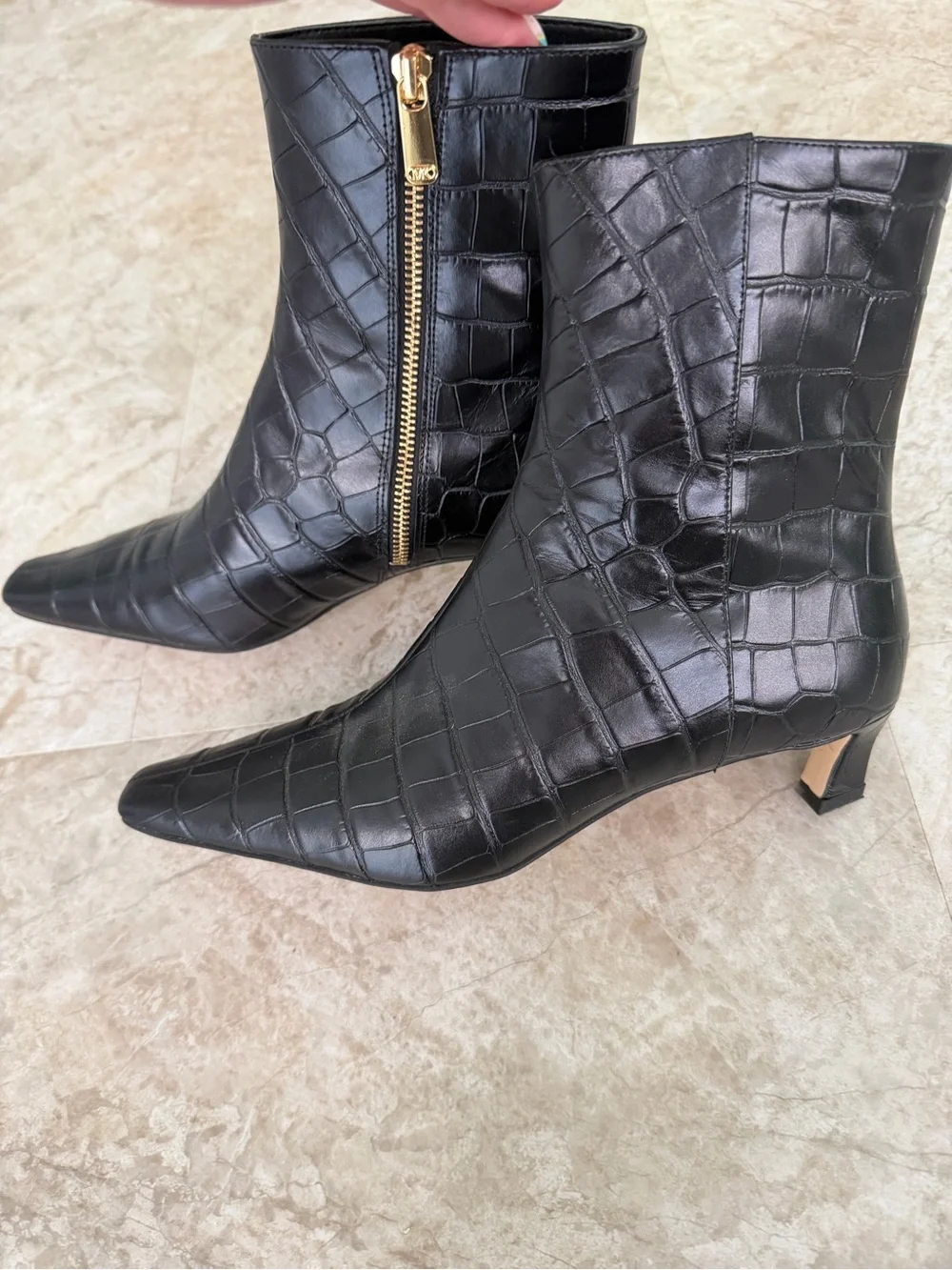 Michael Kors Croc-Embossed Black Leather Ankle Boots with Kitten Heel